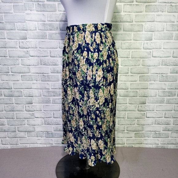 Vintage 90s Lisa Jo M Blue Floral Pleated Semi Sheer Double Georgette‎ Skirt - Picture 6 of 8